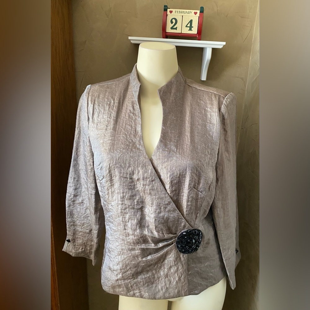 J.R. Nites by Carol Lin Womens Brown Metallic 3/4 Sleeves Mock-Neck Evening Top